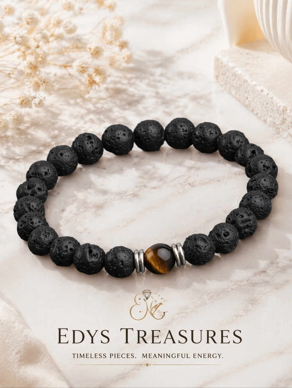 Unisex Black Lava Stone Bracelet with Tiger Eye Bead NWOT